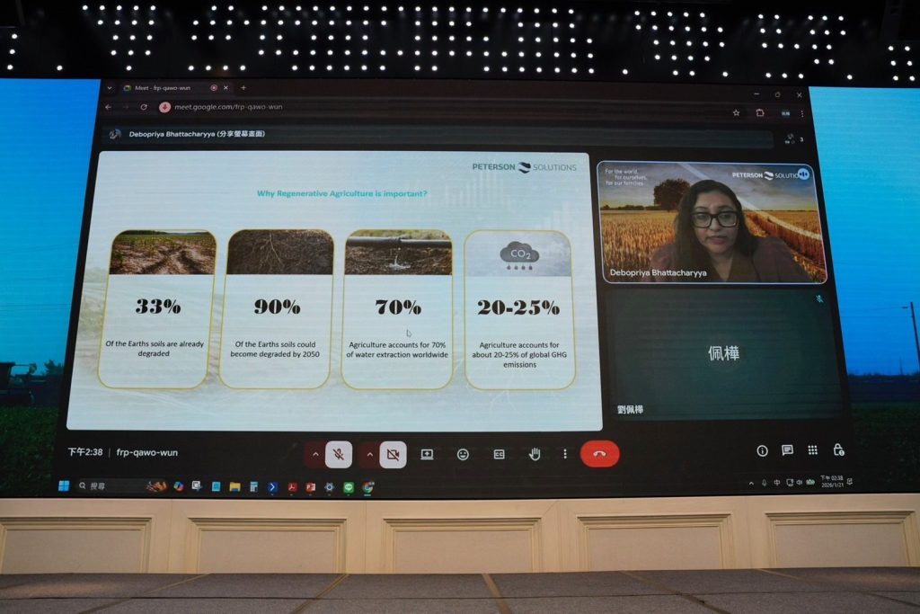 荷蘭 Peterson Solutions India 總經理 Debopriya 博士分享，再生農業是提升土壤健康與固碳的關鍵路徑。